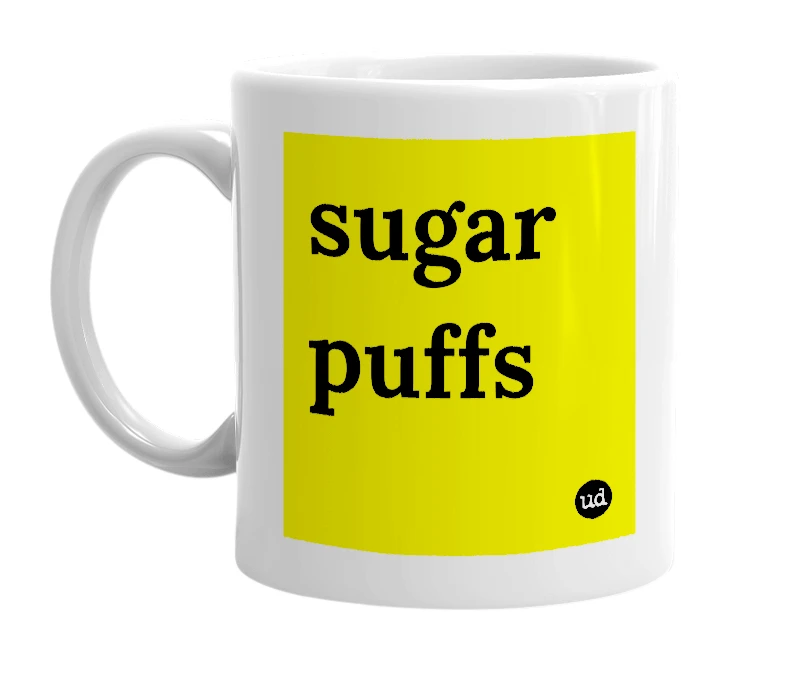 White mug with 'sugar puffs' in bold black letters