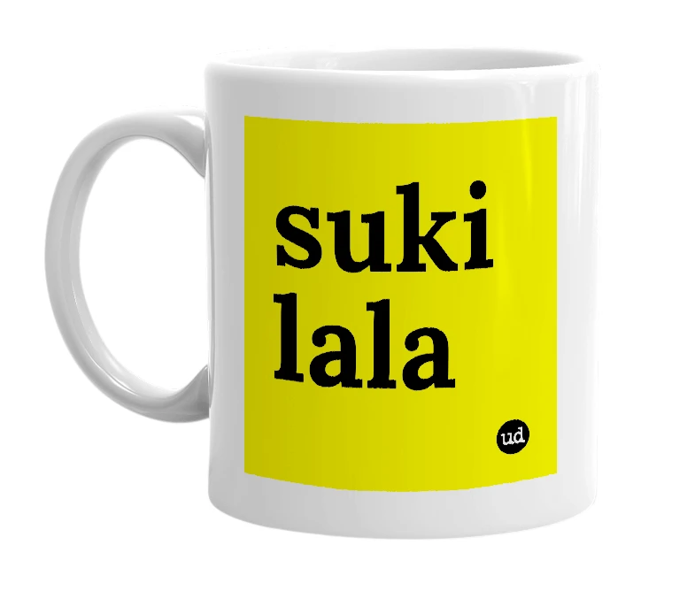 White mug with 'suki lala' in bold black letters