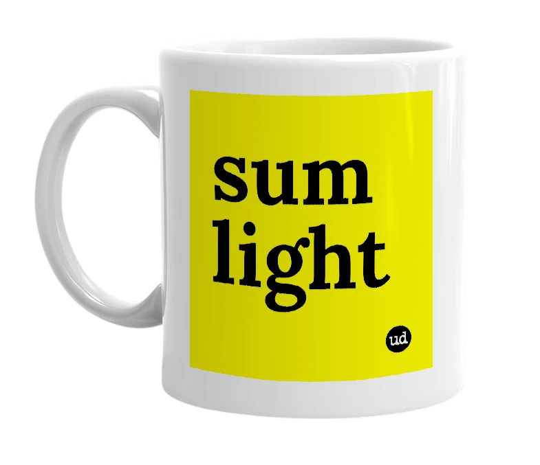 White mug with 'sum light' in bold black letters