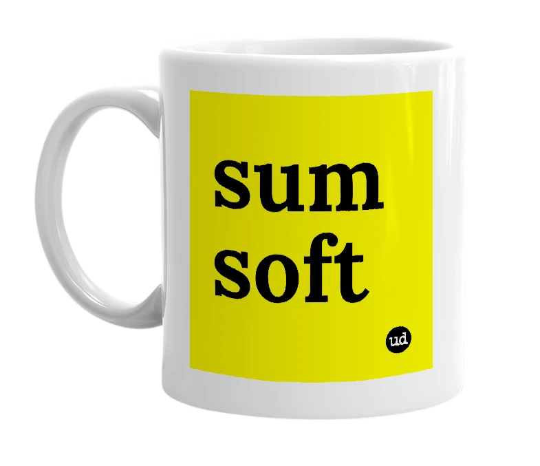 White mug with 'sum soft' in bold black letters