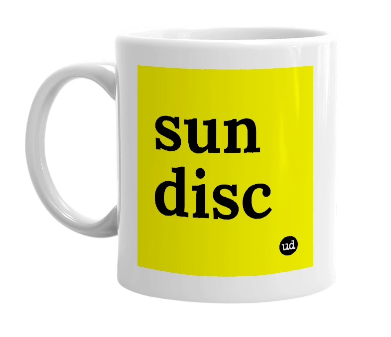 White mug with 'sun disc' in bold black letters