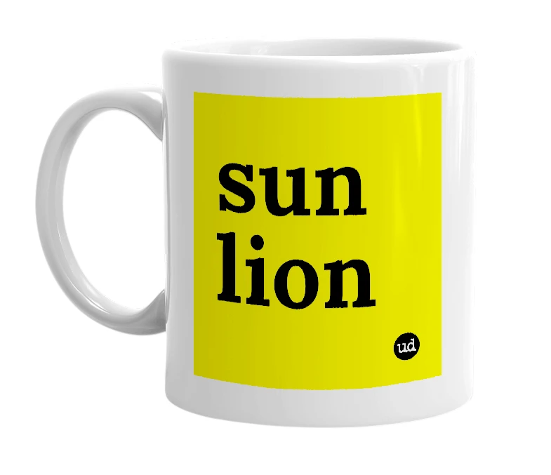 White mug with 'sun lion' in bold black letters