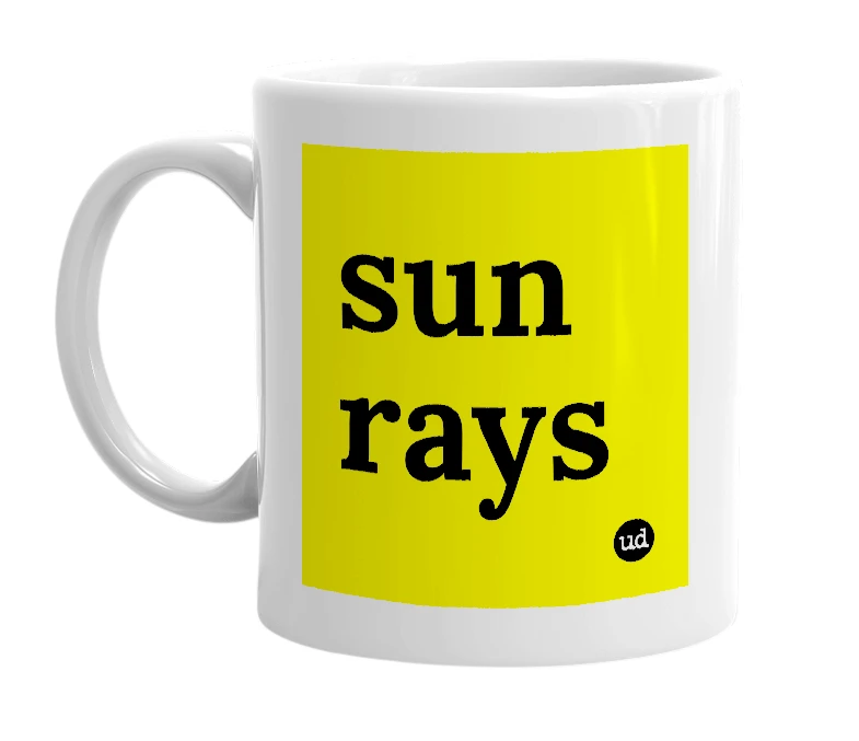 White mug with 'sun rays' in bold black letters