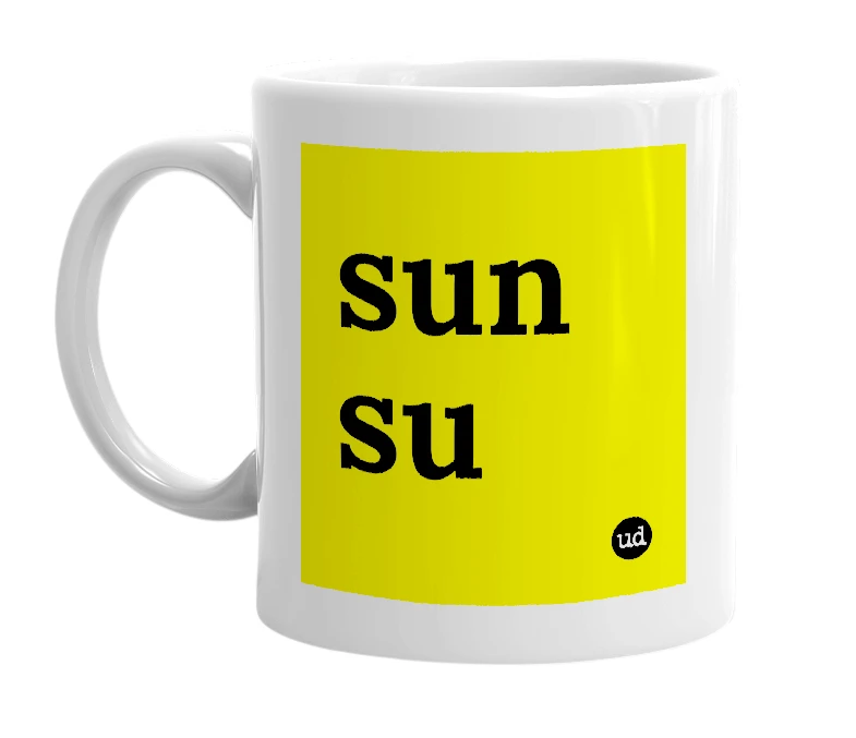 White mug with 'sun su' in bold black letters