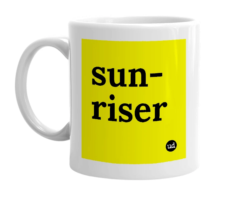 White mug with 'sun-riser' in bold black letters