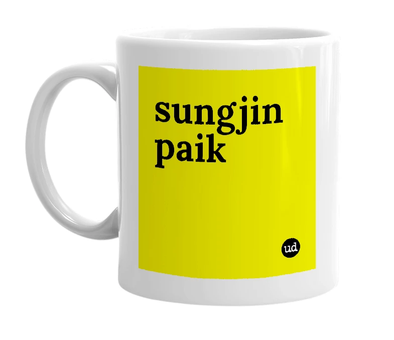 White mug with 'sungjin paik' in bold black letters