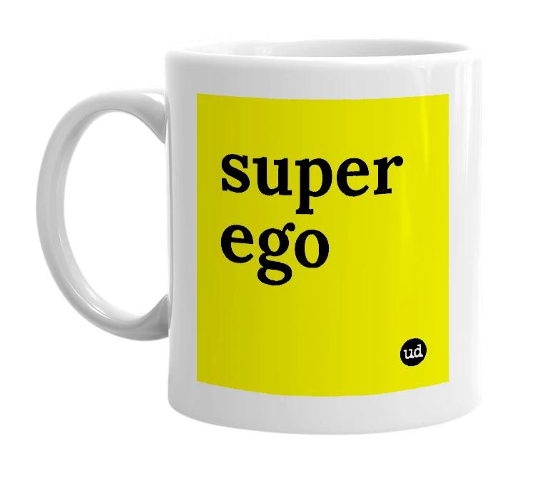 White mug with 'super ego' in bold black letters