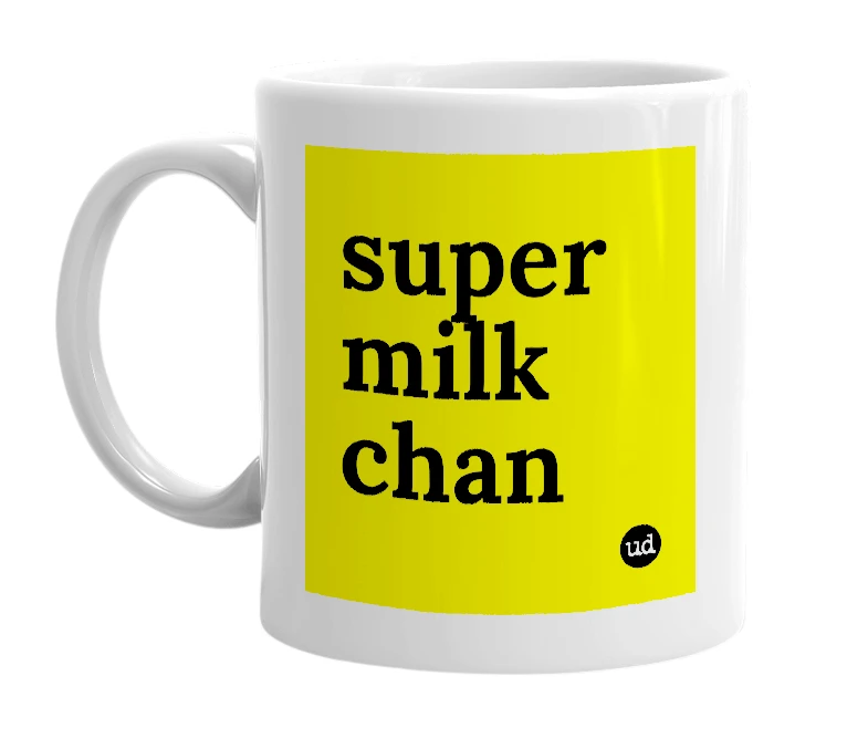 White mug with 'super milk chan' in bold black letters