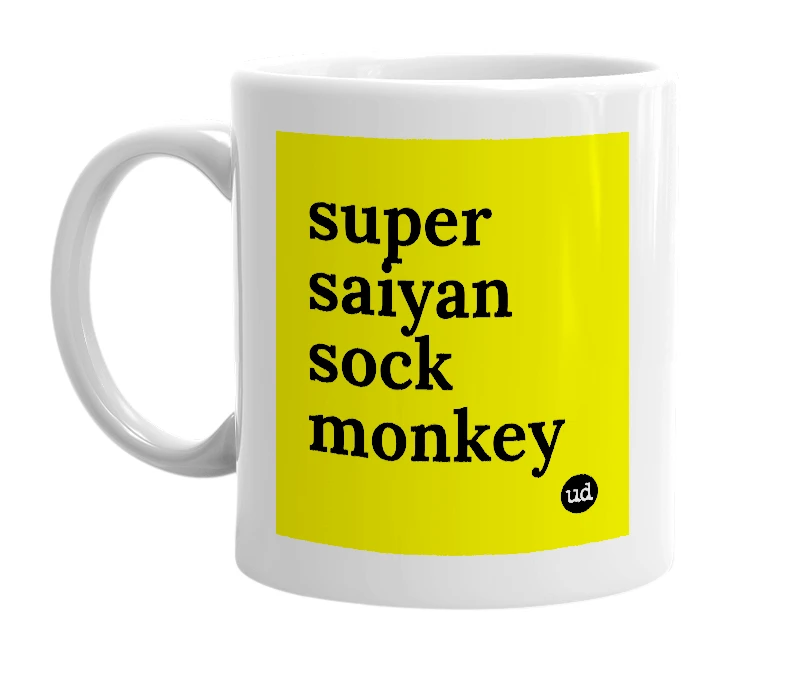 White mug with 'super saiyan sock monkey' in bold black letters