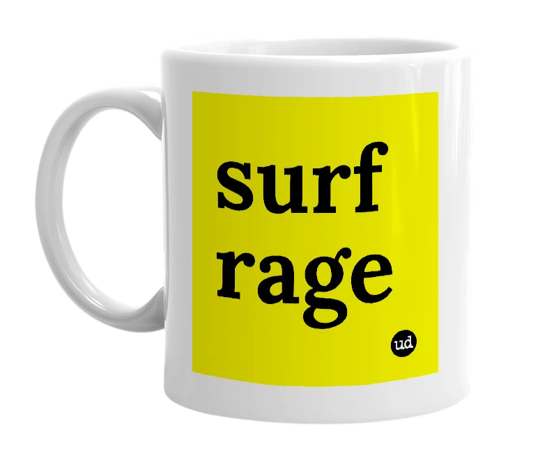 White mug with 'surf rage' in bold black letters