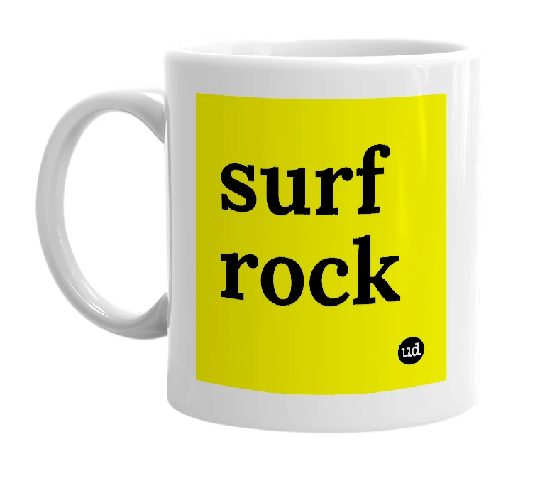 White mug with 'surf rock' in bold black letters