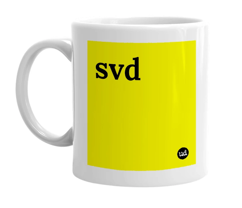 White mug with 'svd' in bold black letters