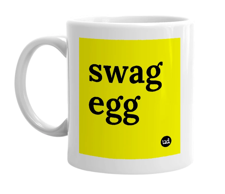 White mug with 'swag egg' in bold black letters