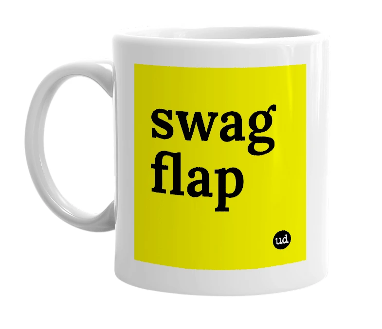 White mug with 'swag flap' in bold black letters