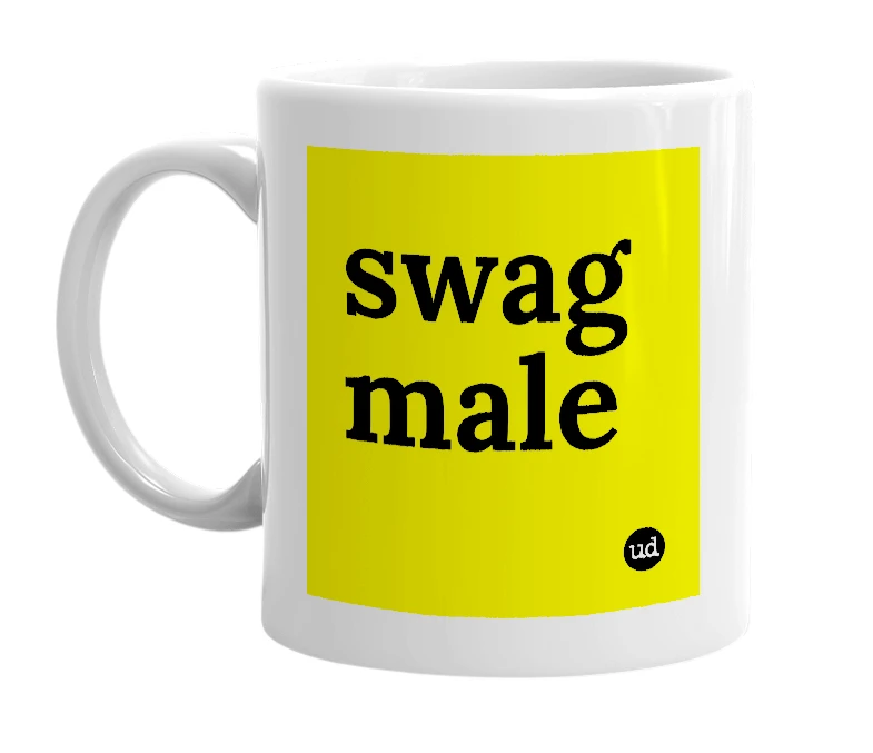 White mug with 'swag male' in bold black letters