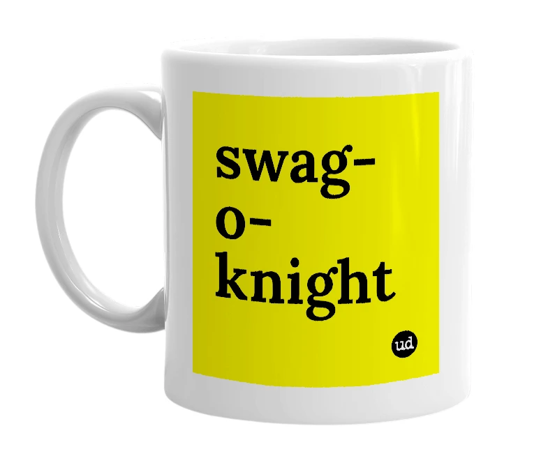 White mug with 'swag-o-knight' in bold black letters