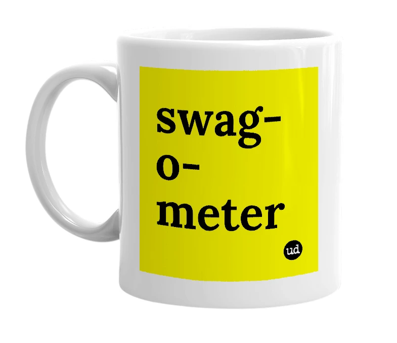 White mug with 'swag-o-meter' in bold black letters