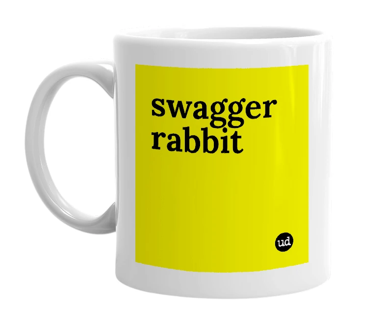 White mug with 'swagger rabbit' in bold black letters