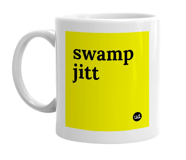 White mug with 'swamp jitt' in bold black letters