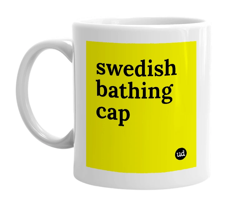 White mug with 'swedish bathing cap' in bold black letters