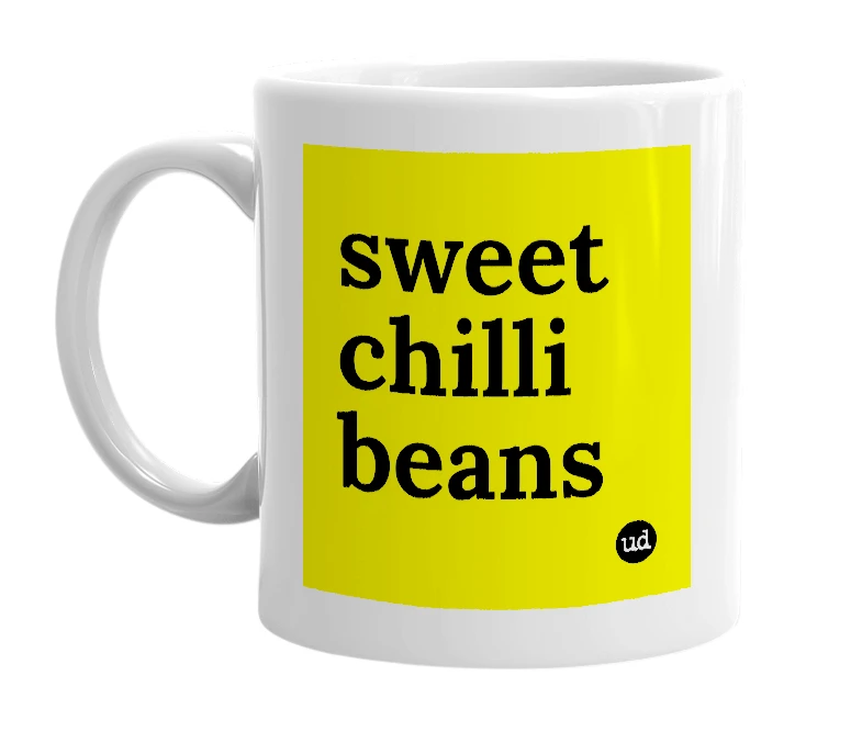 White mug with 'sweet chilli beans' in bold black letters