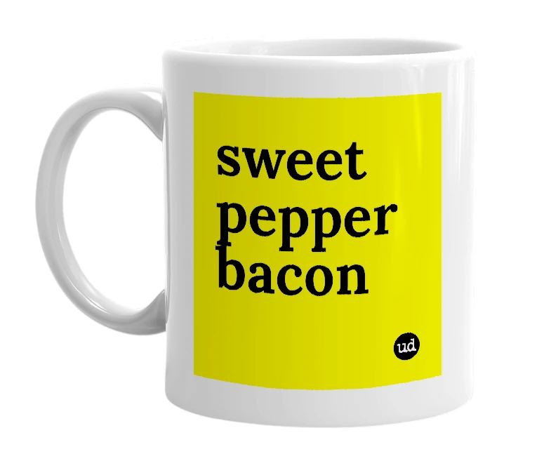 White mug with 'sweet pepper bacon' in bold black letters