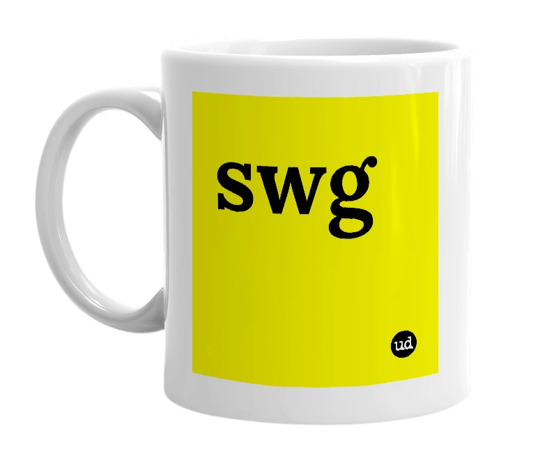 White mug with 'swg' in bold black letters