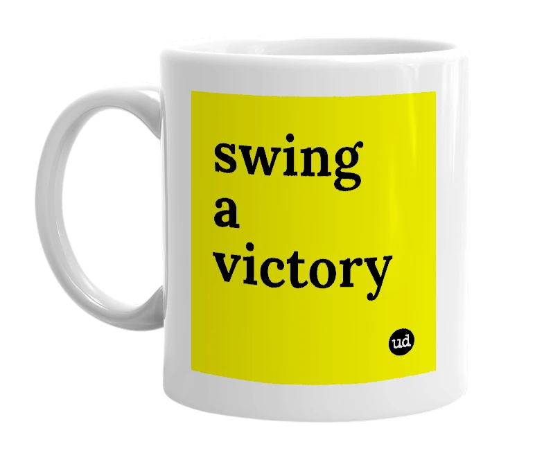 White mug with 'swing a victory' in bold black letters