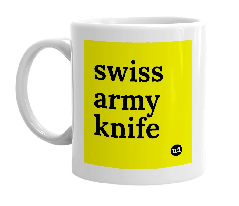 White mug with 'swiss army knife' in bold black letters