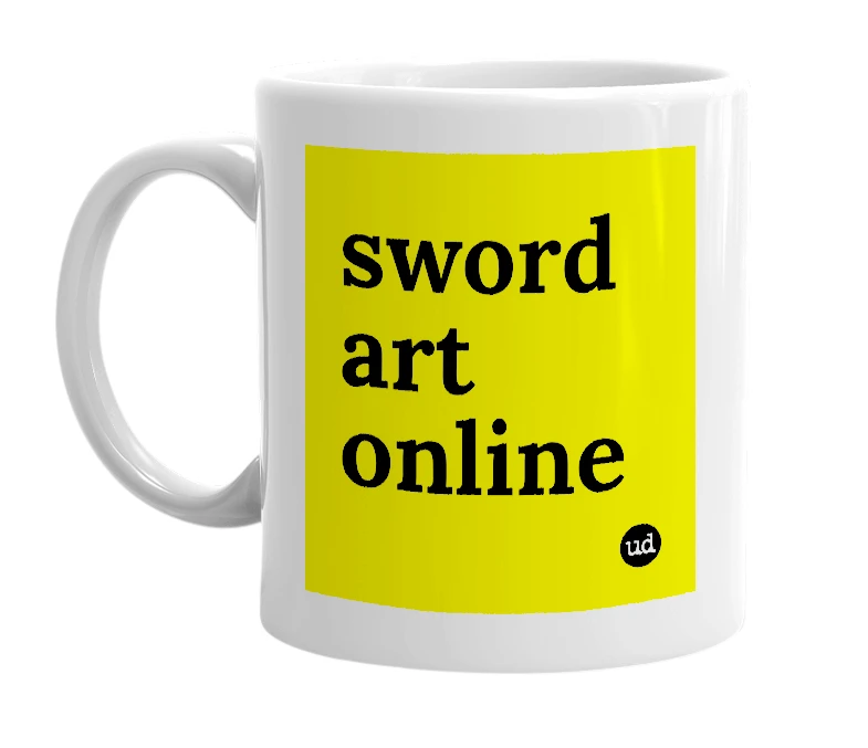White mug with 'sword art online' in bold black letters