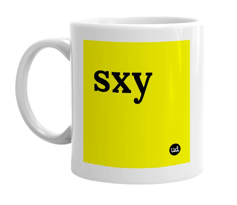 White mug with 'sxy' in bold black letters