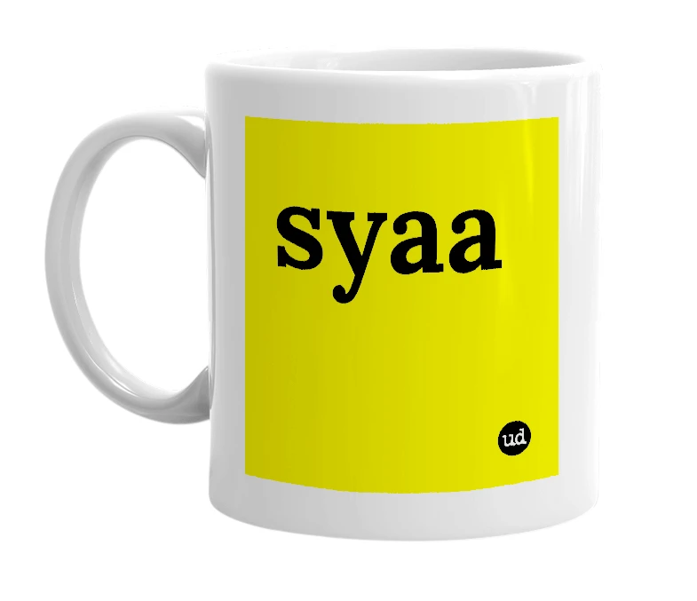 White mug with 'syaa' in bold black letters