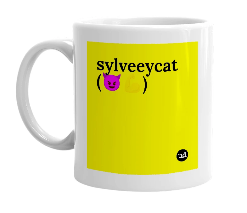 White mug with 'sylveeycat (😈💪)' in bold black letters