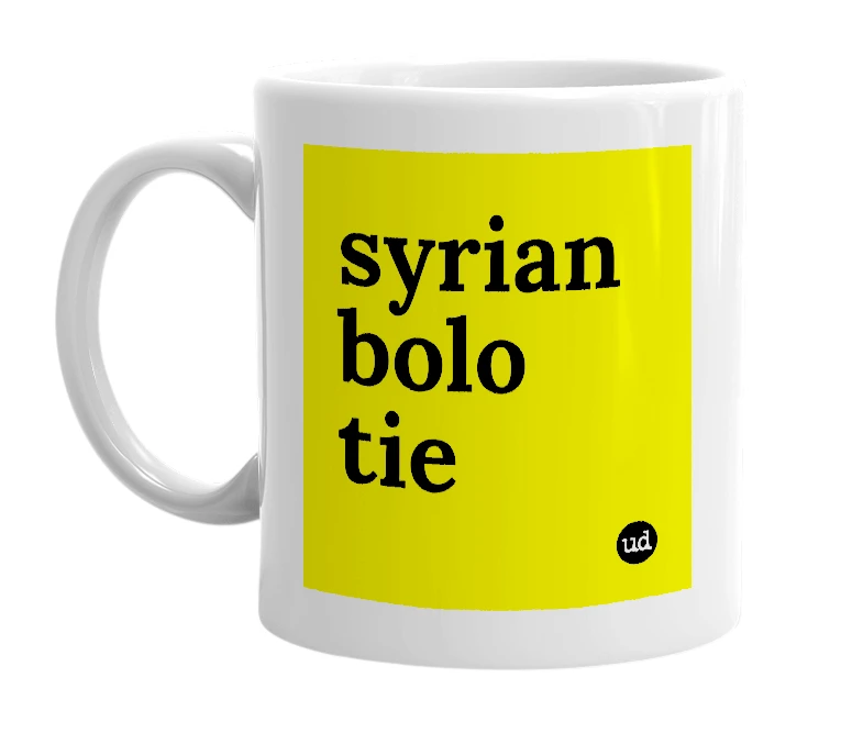 White mug with 'syrian bolo tie' in bold black letters