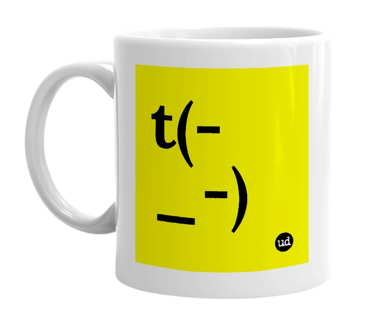 White mug with 't(-_-)' in bold black letters