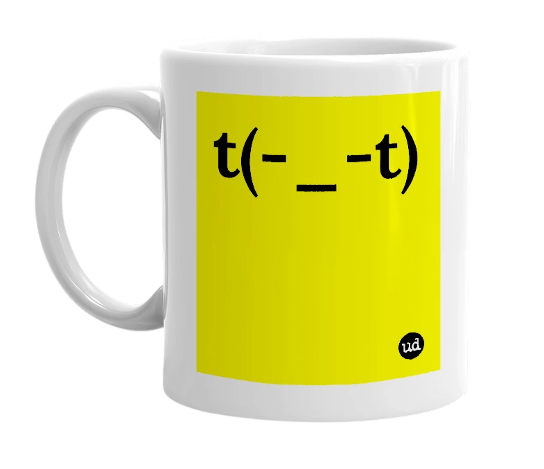 White mug with 't(-_-t)' in bold black letters