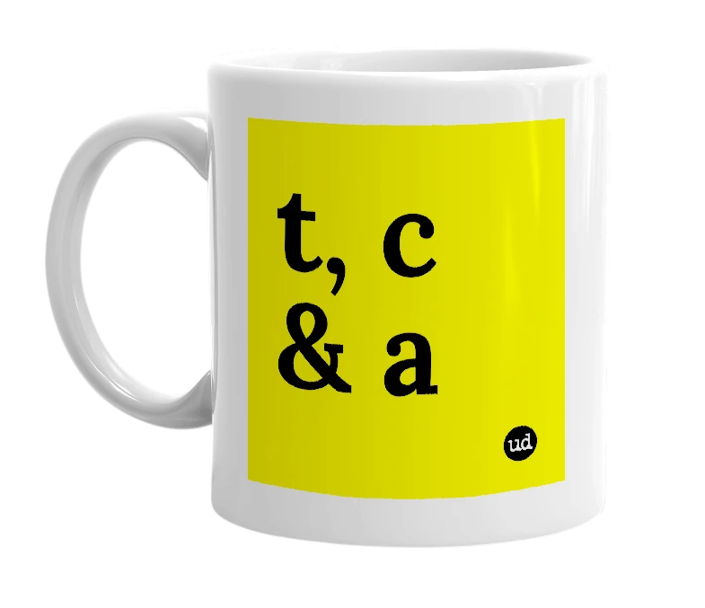 White mug with 't, c & a' in bold black letters