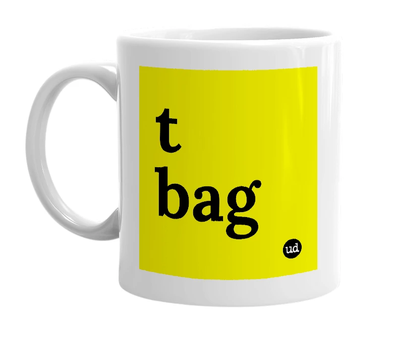 White mug with 't bag' in bold black letters