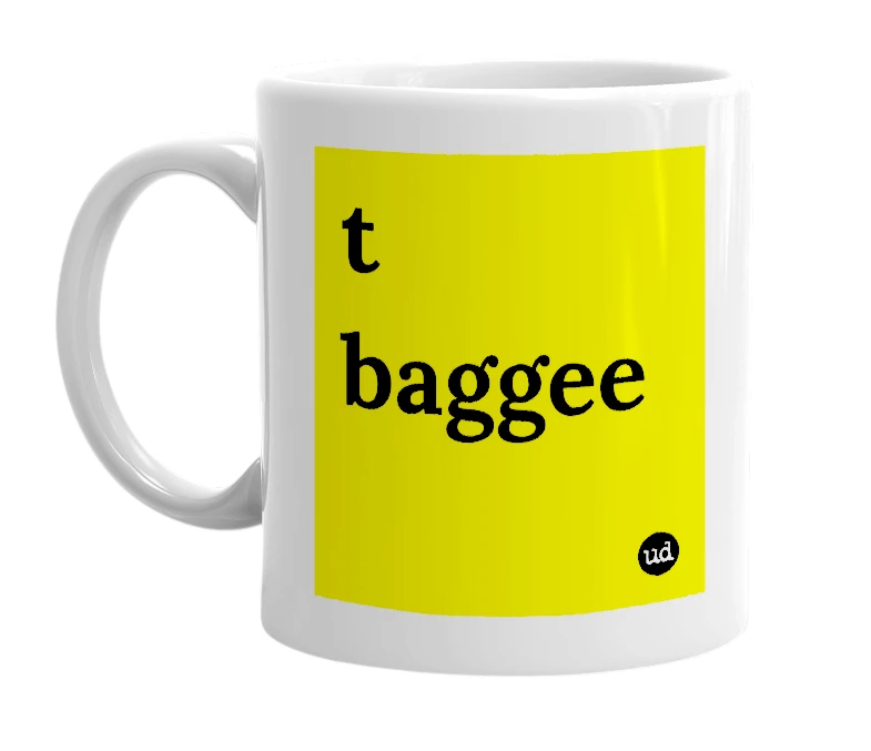 White mug with 't baggee' in bold black letters