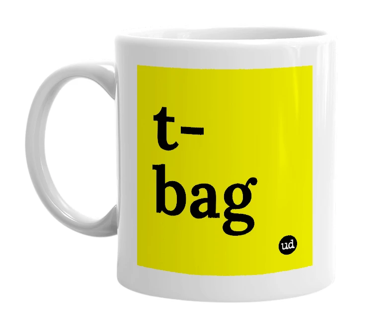 White mug with 't-bag' in bold black letters