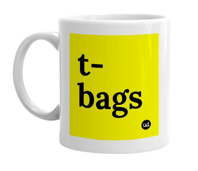 White mug with 't-bags' in bold black letters