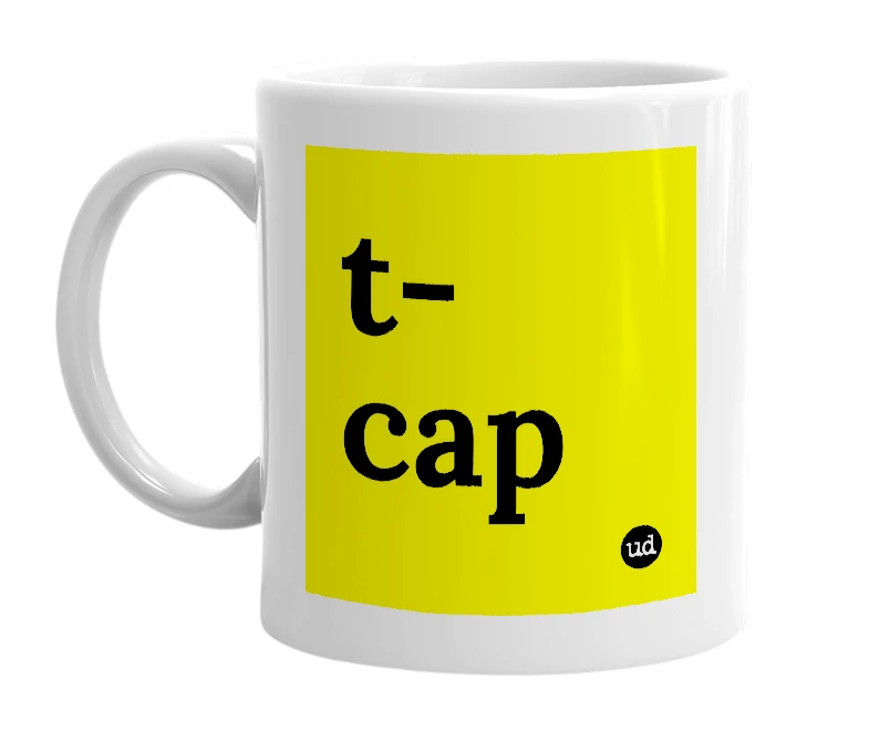 White mug with 't-cap' in bold black letters