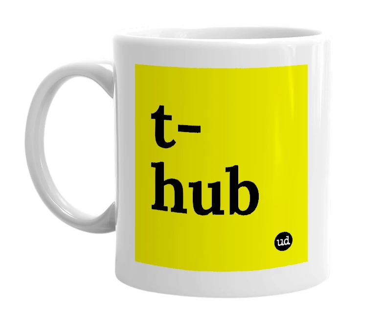 White mug with 't-hub' in bold black letters