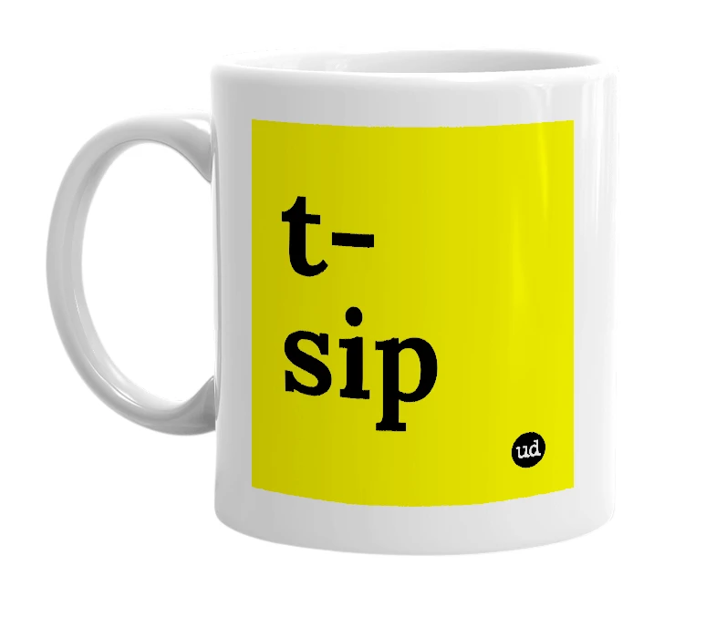 White mug with 't-sip' in bold black letters