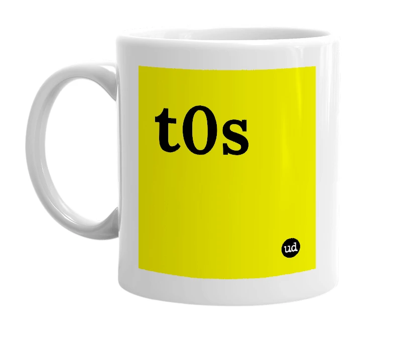 White mug with 't0s' in bold black letters