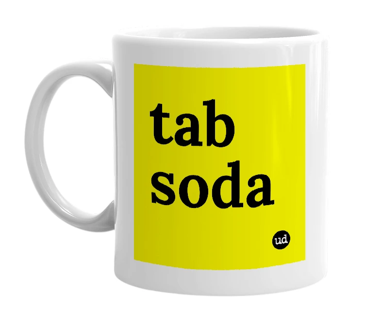White mug with 'tab soda' in bold black letters