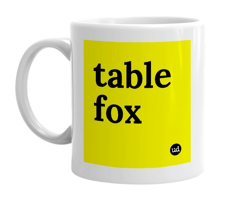 White mug with 'table fox' in bold black letters