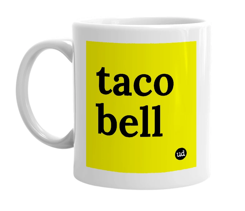 White mug with 'taco bell' in bold black letters