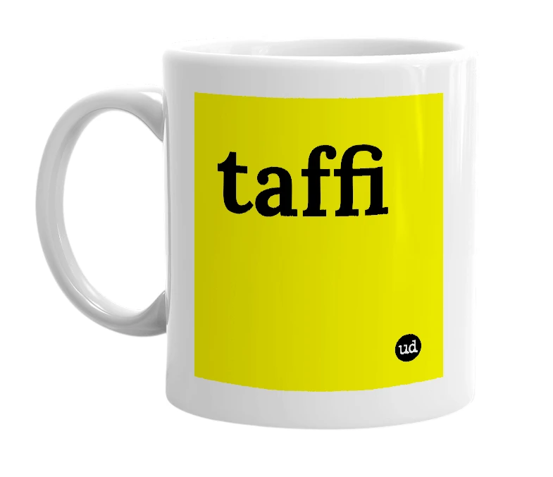 White mug with 'taffi' in bold black letters