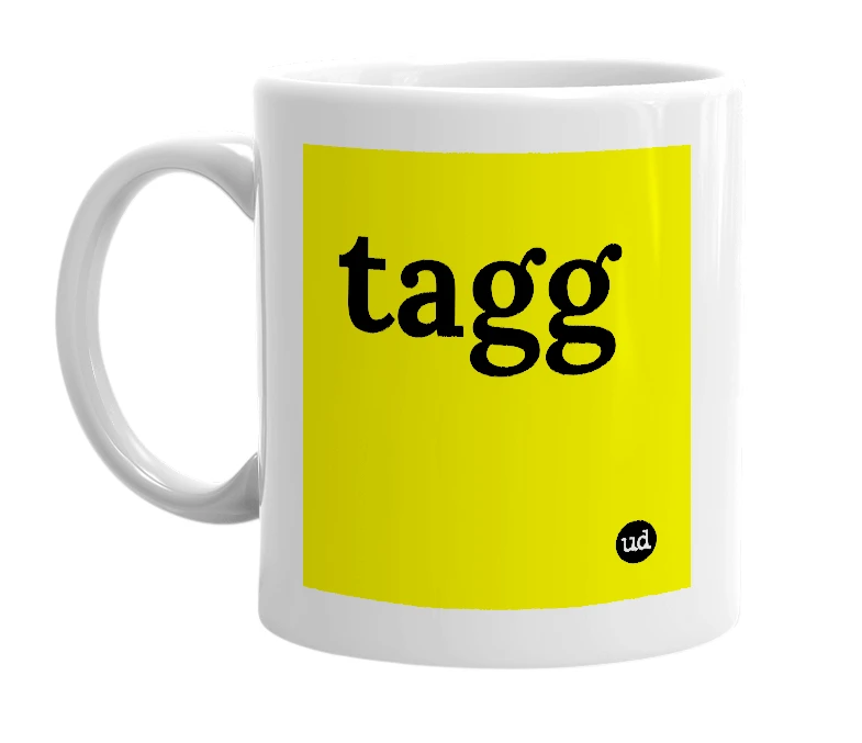 White mug with 'tagg' in bold black letters